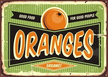 fresh organic oranges vintage sign template for fruit vendor. retro label design for natural food products. fresh orange fruits sign post illustration.
