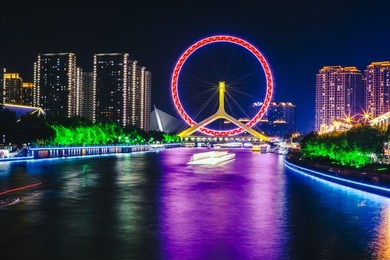 the night view of china's coastal city of tianjin, the beauty of the eye of tianjin