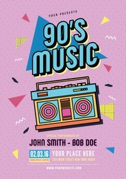 retro poster template. illustration with realistic tape recorder on pink background