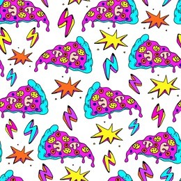 crazy seamless pattern with patches, stickers, badges, pins with pizza slices, lightning strikes, and colorful explosions. white background.

