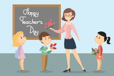 happy teachers day. smiling students and teacher with flowers.
