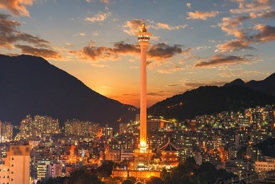 busan city skylight and busan tower at night in korea.