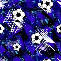 abstract seamless blue, white and black geometric pattern with ball,spray paint ink, dots, textured shabby elements. football repeated backdrop. sport grunge urban background for boy, wrapping paper