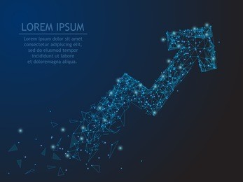 polygonal wire frame low poly mash looks like constellation arrow growth with crumbled end on blue night sky. business, finance, career or other grows concept illustration or background