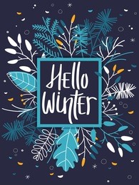 winter card with leaves and branches - dark background