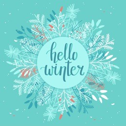winter card with leaves and branches - mint background