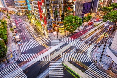 tokyo, japan cityscape and crosstown traffic in the ginza district.