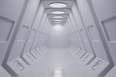 futuristic background science fiction interior and white light architecture corridor,3d rendering