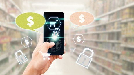 cart icon from smart phone for shopping online concept : hand press on shopping application with secure process in super market