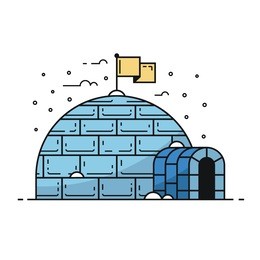 traditional igloo by winter. building with snowdrifts and icicles. winter house illustration  in flat design.