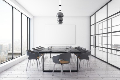 modern conference room interior with empty banner on wall and city view. mock up, 3d rendering 