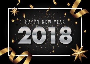 2018 happy new year vector greeting card and poster design with golden ribbon and star.