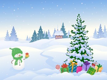 vector cartoon illustration of a cute snowman and a christmas tree with gifts on a snowy background
