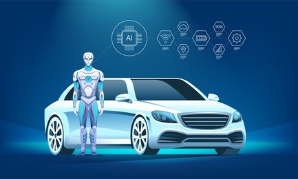 autonomous luxury vehicle with robot and infographic icons