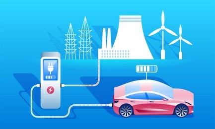 eco friendly fuel concept. electric car charging station. ev recharging point or evse. plug-in vehicle getting energy from battery supply.