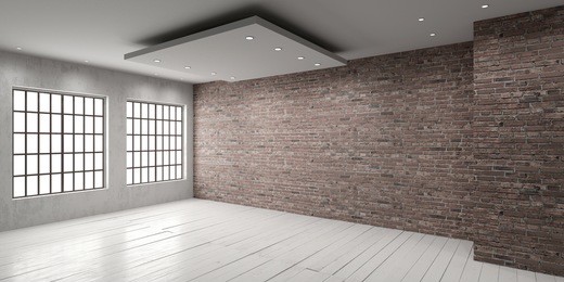 empty room with big window in loft style.
wooden floor and brick wall in a modern interior. 3d render.
