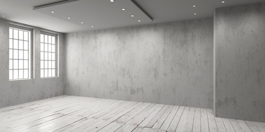 empty room with big window in loft style.
wooden floor and brick wall in a modern interior. 3d render.