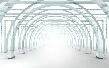 bright glass corridor or tunnel in 3d rendered perspective