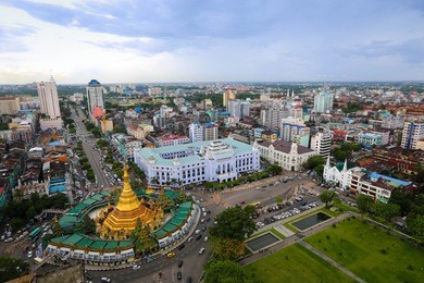 sule pagoda during the day from bird eye view