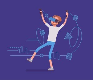 vr man having drawing positive experience. testing exciting new technology transforming linework into objects. virtual reality and entertainment concept. vector flat style cartoon illustration