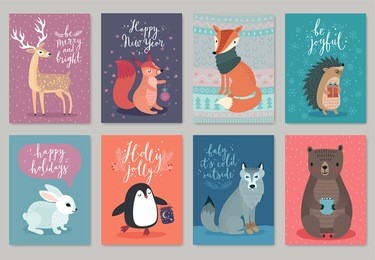 christmas animals card set, hand drawn style. vector illustration.