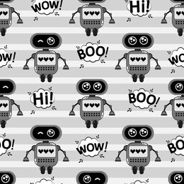 a cute, small, friendly robot, with antennas, good vintage eyes and graffiti-style inscriptions. the print is made in monochrome colors. abstract seamless pattern for girls or boys. creative vector