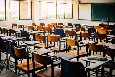 selective soft and blur focus.old wooden row lecture chairs in classroom in poor school.study room without student.concept for education