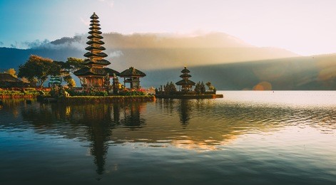 pura ulun danu temple panorama at sunrise on a lake bratan, bali, indonesia