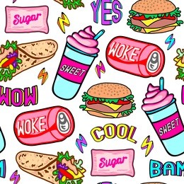 fast food seamless pattern. repeating background with sugar packs, canned beverages (carbonated drinks), chicken rolls, burgers, etc. patches, badges, pins, stickers. white background.