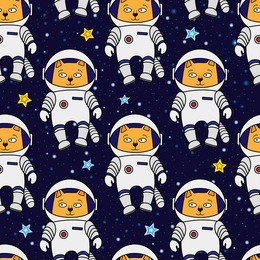 seamless pattern with cartoon style cat astronaut, spaceman in space, wrapping paper, backdrop, textile design. cute and funny cartoon cat astronaut in spacesuit, space and stars seamless pattern