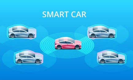 autonomous smart car goes on the road in traffic. scans the road, observe the distance. future concept.