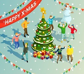 people dancing around christmas tree at new year holiday party 3d isometric vector illustration