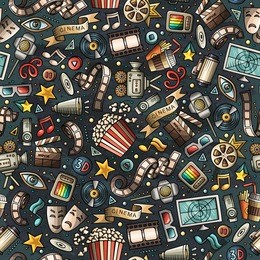 cartoon cute hand drawn cinema seamless pattern. colorful detailed, with lots of objects background. endless funny vector illustration