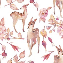 watercolor fawn, leaves and flowers seamless pattern. hand painted texture design with deer and dogrose branch on white background. vintage wallpaper