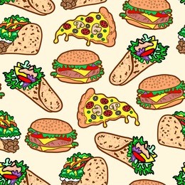 vector sandwiches seamless pattern: cheeseburger, hamburger, wrap roll, taco, toast. background for menus, recipes and packages.