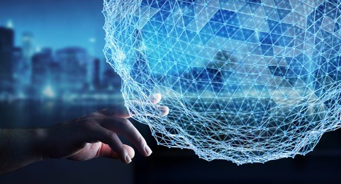 businessman on blurred background touching flying network sphere 3d rendering