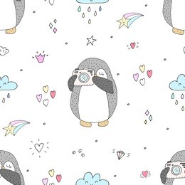 seamless pattern with cute penguins. hand-drawn illustration. vector