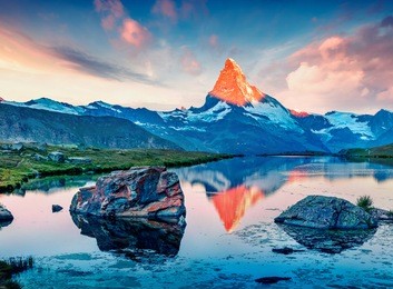 great summer scene of the stellisee lake. splendid evening view of matterhorn (monte cervino, mont cervin) in swiss alps, switzerland, europe. beauty of nature concept background.