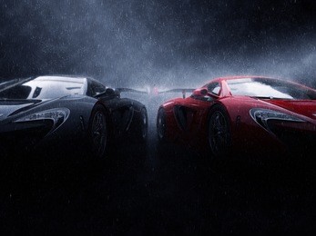 great black and red super cars side by side in the rain - 3d illustration