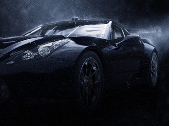 black modern sports car in the rain - headlight closeup shot - 3d illustration