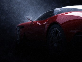 fire red sports car in the rain - rear wheel closeup shot - 3d illustration