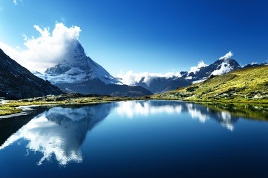 reflection of matterhorn in lake riffelsee, zermatt, switzerland