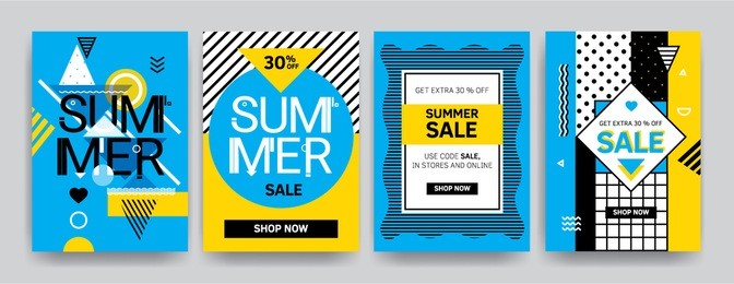 collection of sale typography flyer template with geometric shapes. bright trendy memphis design set. poster, card, label, banner vector illustration.