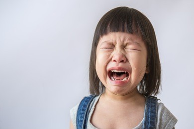 portrait of little asian crying girl little rolling tears weeping emotion hurt pain fit drops cheek 