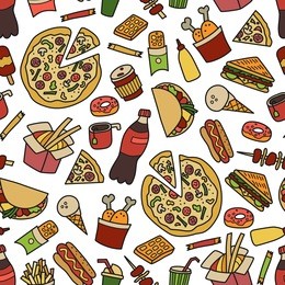 fast food. seamless pattern in doodle and cartoon style. colorful