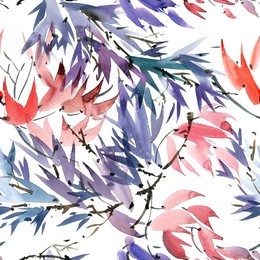 watercolor and ink illustration of tree foliage in style sumi-e, u-sin. oriental traditional painting. seamless pattern.