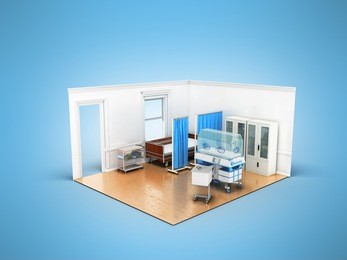 isometric medical room wooden bed and incubator for children blue 3d render on blue background