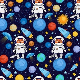 colorful seamless cartoon space pattern with fox astronauts, rockets, planets, stars on starry night sky background. cute and bright space travel seamless pattern with a fox spaceman in outer space