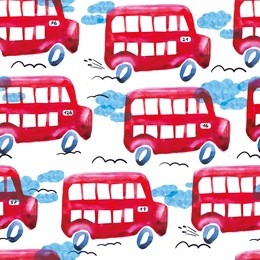 seamless pattern with london red buses. watercolor drawing.