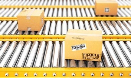 delivery concept. cardboard boxes on a conveyor line. 3d illustration